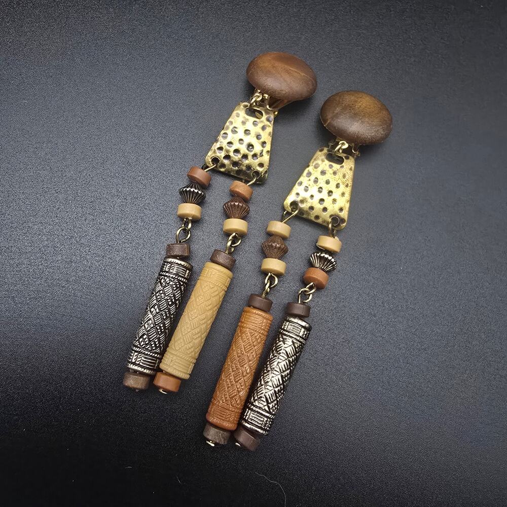 Vintage Wood Boho Clip On Earrings Long Dangling Mixed Metal Tone